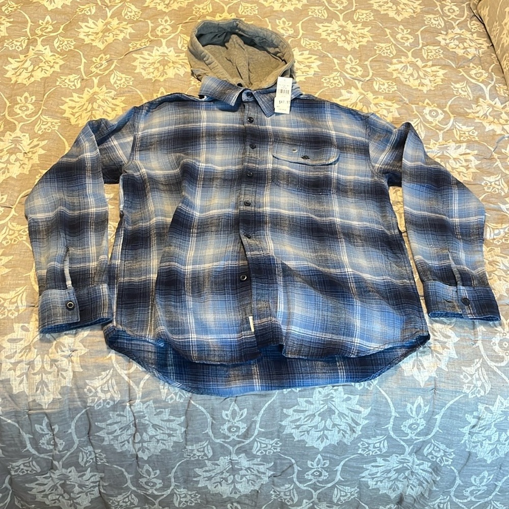 NWT American Eagle Outfitters Blue with Gray Hooded Plaid Flannel Shirt